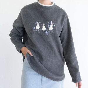 Vintage Croft & Barrow Grey Embroidered White Snowman Fleece Mockneck Sweater XL